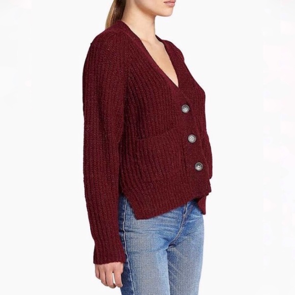 ALC A.L.C Cleveland Burgundy red knit button up v-neck cardigan sweater pockets - Picture 3 of 16